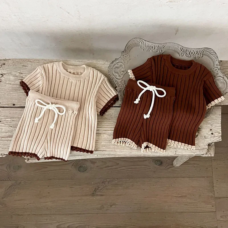 

2025 New Spring Infant Baby Girls Boys Clothing Set Short Sleeved Knitted Pullover Sweater+Shorts Children Clothes Suit