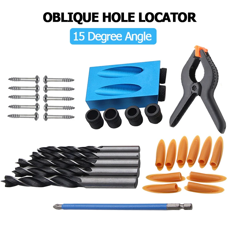 Oblique Hole Locator Drill Bit 15 Degree Woodworking Pocket Hole Jig Kit Angle Drill Guide Set Hole Puncher Carpentry Tools