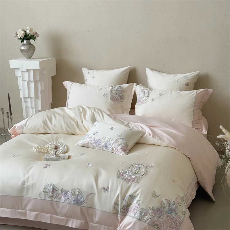 

Egyptian Cotton Bedding Set Duvet Cover Sheet/Fitted Sheet Pillowcases Floral Butterfly Embroidery Pastel Color Block Bed Linens