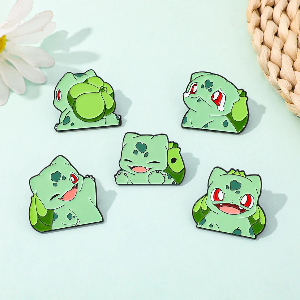 Bulbasaur Inspired Enamel Lapel Pins, Cute Green Spotted Bulb Back Cartoon Monster Metal Brooches, Hard Alloy Decor Badges view 2