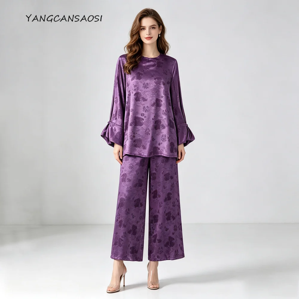 2026 Women's Autumn Fashion New Noble Purple Cartoon Lion Jacquard 25% Natural Mulberry Silk 75% Wool GuanLe Crepe Top Pants Set