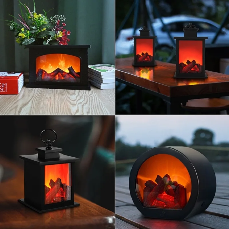 LED Flame Lantern Lamp Simulation Flame Fireplace Lantern USB Battery Powered for Courtyard Bedroom Living Room Tabletop Decor