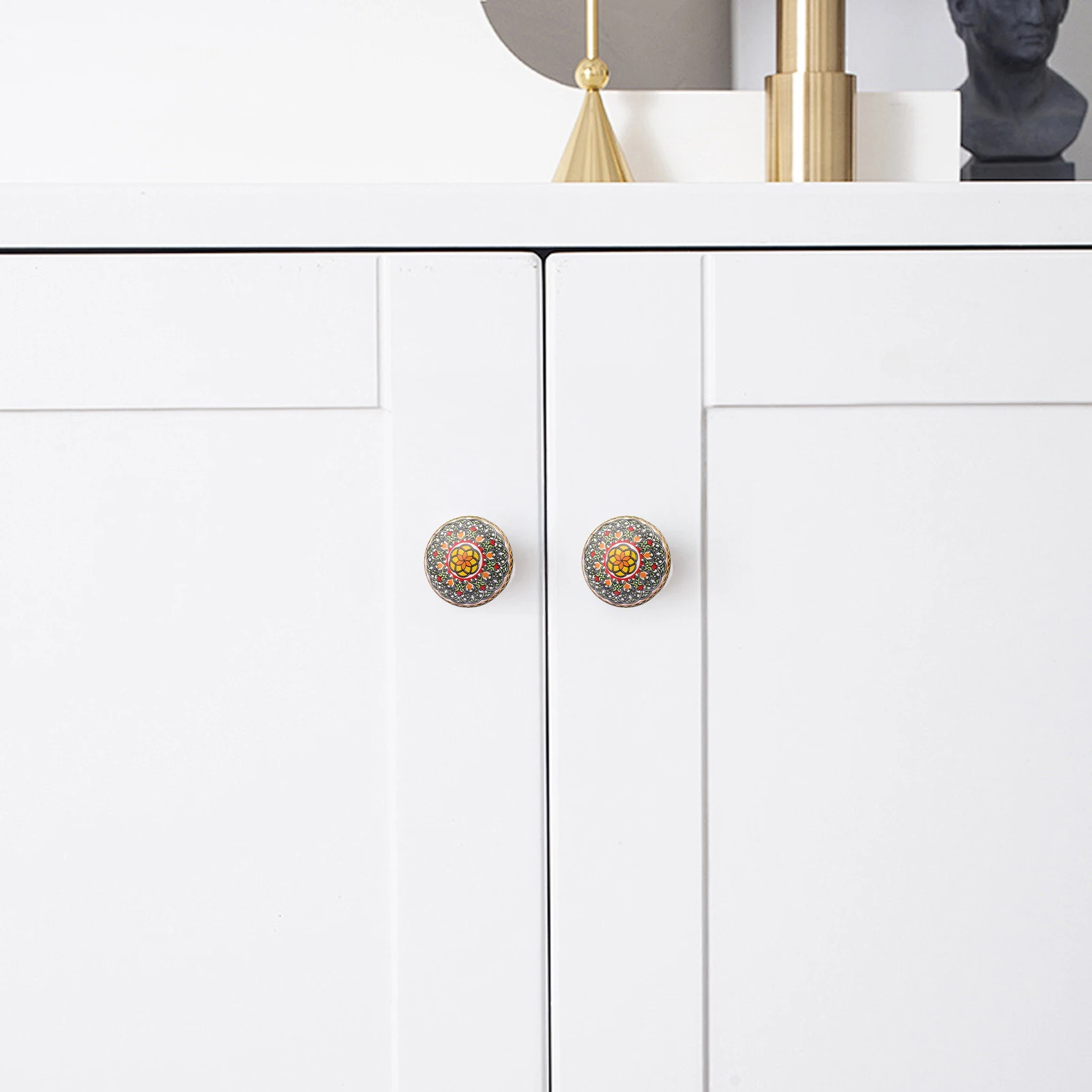 Bouton d'armoire en céramique bohème, poignée de tiroir à trou unique avec Base en métal pour meubles, boutons de porte de placard