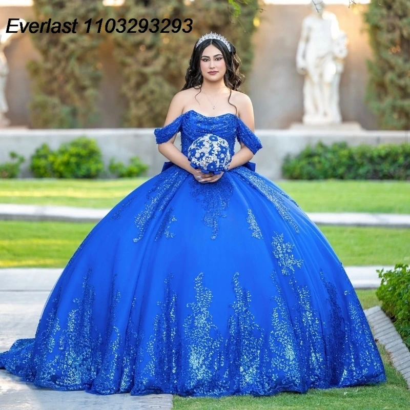 EVLAST Customized Mexican Royal Blue Sequins Quinceanera Dress Ball Gown Beaded Applique Bow Sweet 16 Vestido De 15 Anos E1Q51