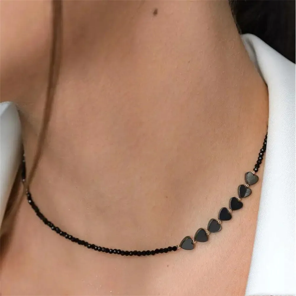 Fashionable Minimalist Black Gallstone Heart-Shaped Patchwork Crystal Beading Necklace for Women\'s Gift New2024