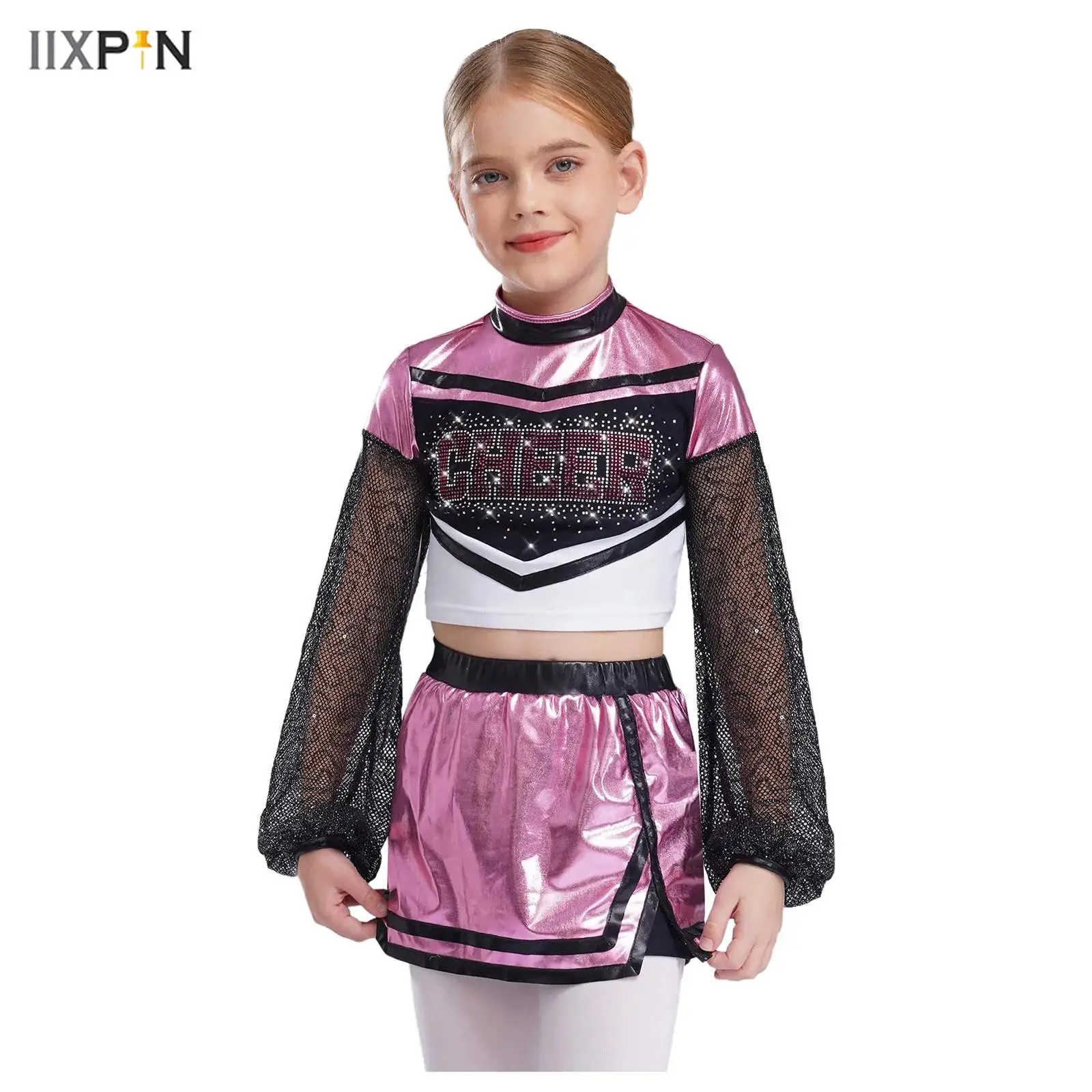 

Kids Girls Cheerleading Uniform Hollow Out Mesh Long Sleeves Sparkly Rhinestone Letters Crop Top+Built-in Shorts Side Slit Skirt