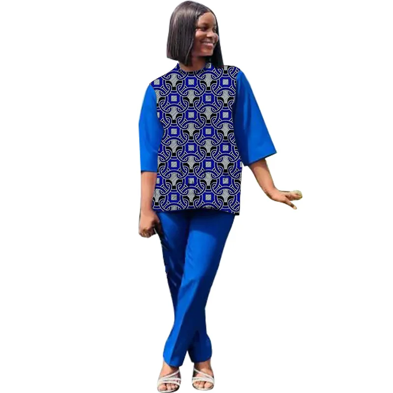 African Print Half Sleeve Tops+Pants Tailor Design Women's Ankara Outfits Royal Blue African Party Wear