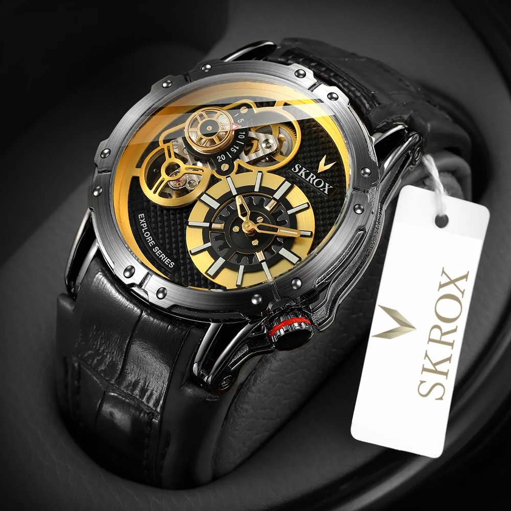 SKROX Punk Style Big Size Rare Dual Movements Automatic Man Watch Tourbillon Original Luxury Sports Rubber Band Wrist Watches