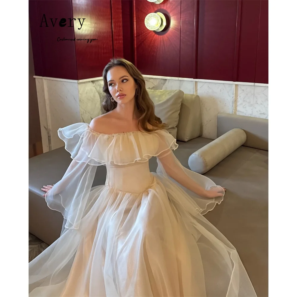 

Avery Customized White A-line Off-shoulder Long Sleeves Long Elegant Evening Party Dresses 2025 Woman Luxury Evening Dress Women