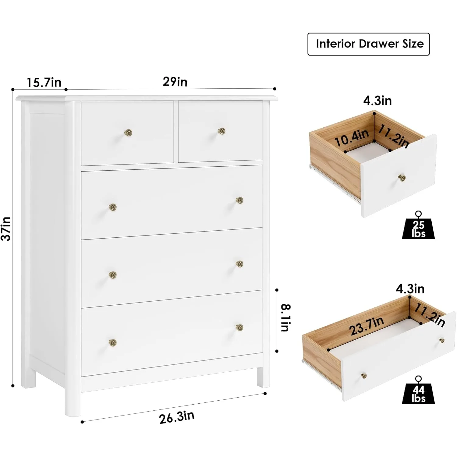 Commode blanche avec 5 tiroirs, commode haute, commode à 5 tiroirs avec espace profond, armoire de rangement en bois pour le salon