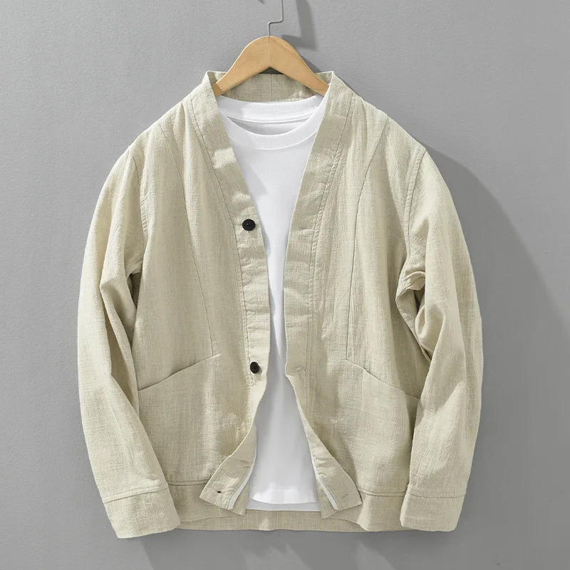 

Vintage 70% Linen 30% Cotton V Neck Thin Jackets 2024 Spring Autumn Loose Breathable Coats 24SS Y2k Youth Male Casual Outwear