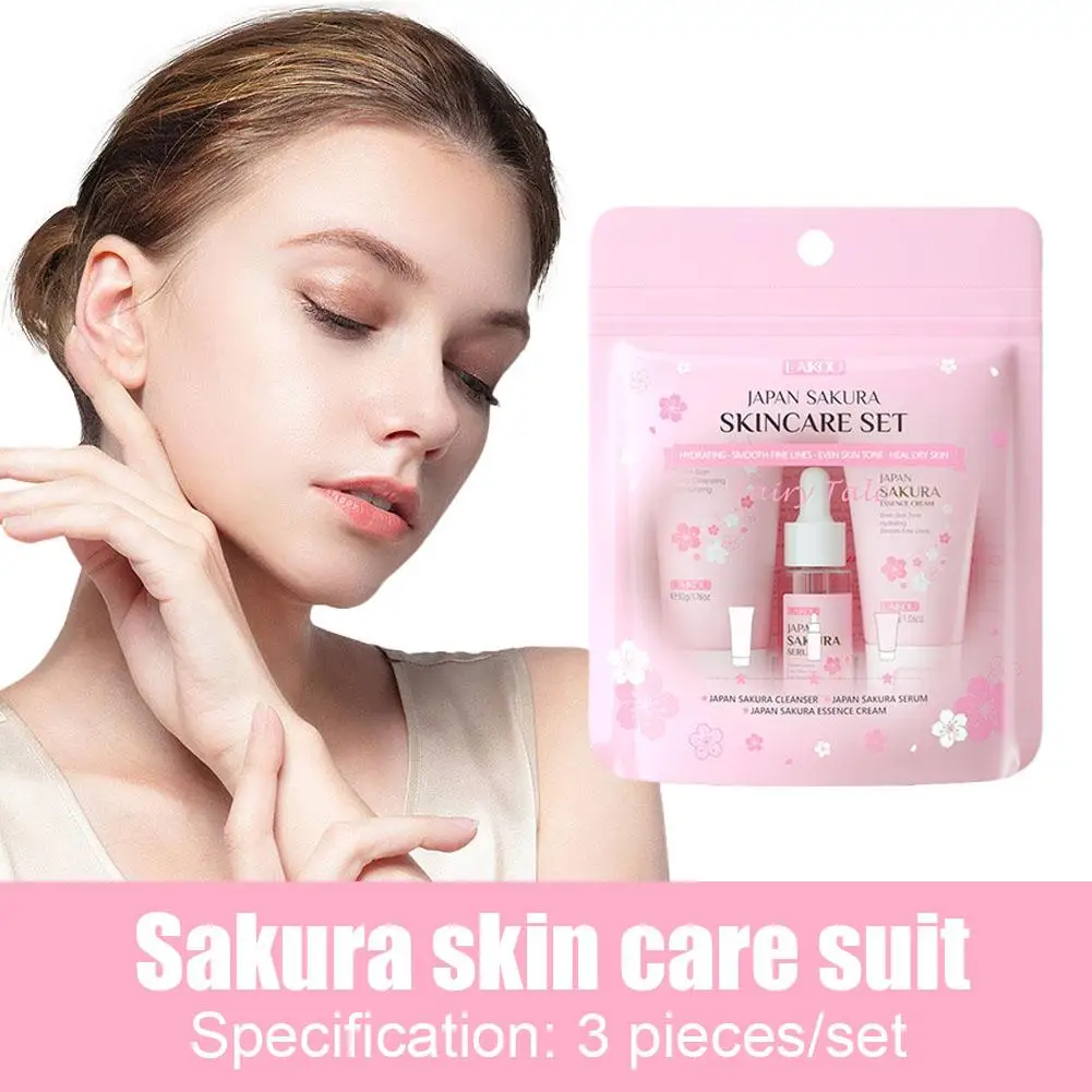 

Набор для ухода за кожей из 3 предметов Japan Sakura - Очищающее средство для лица + Эссенция + Крем, Увлажняющий и осветляющий костюм для ухода за кожей Routine Sakura