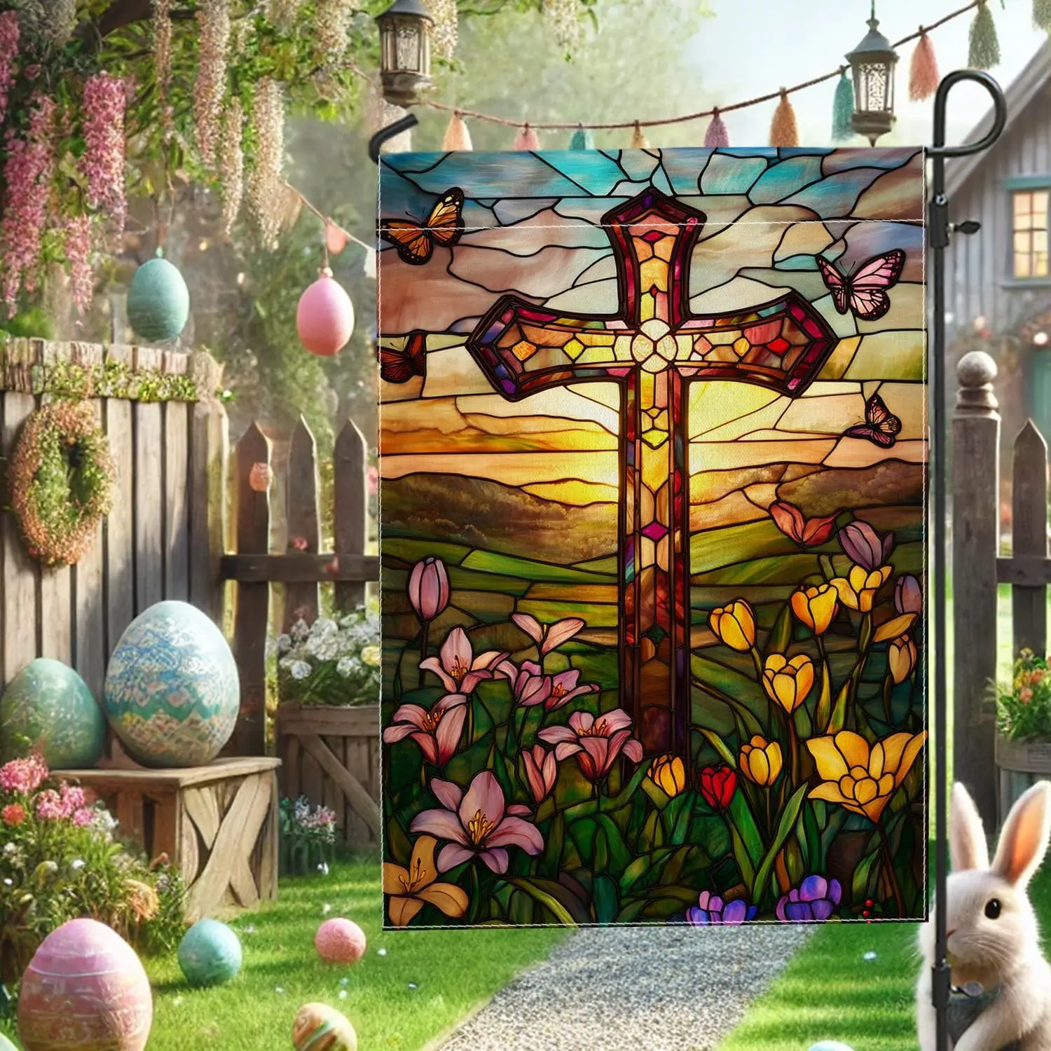 Stained Glass Cross Garden Flag, Colorful Butterfly Floral Outdoor Decor, Double Sided Spring Home Decoration for Easter Cel zzo