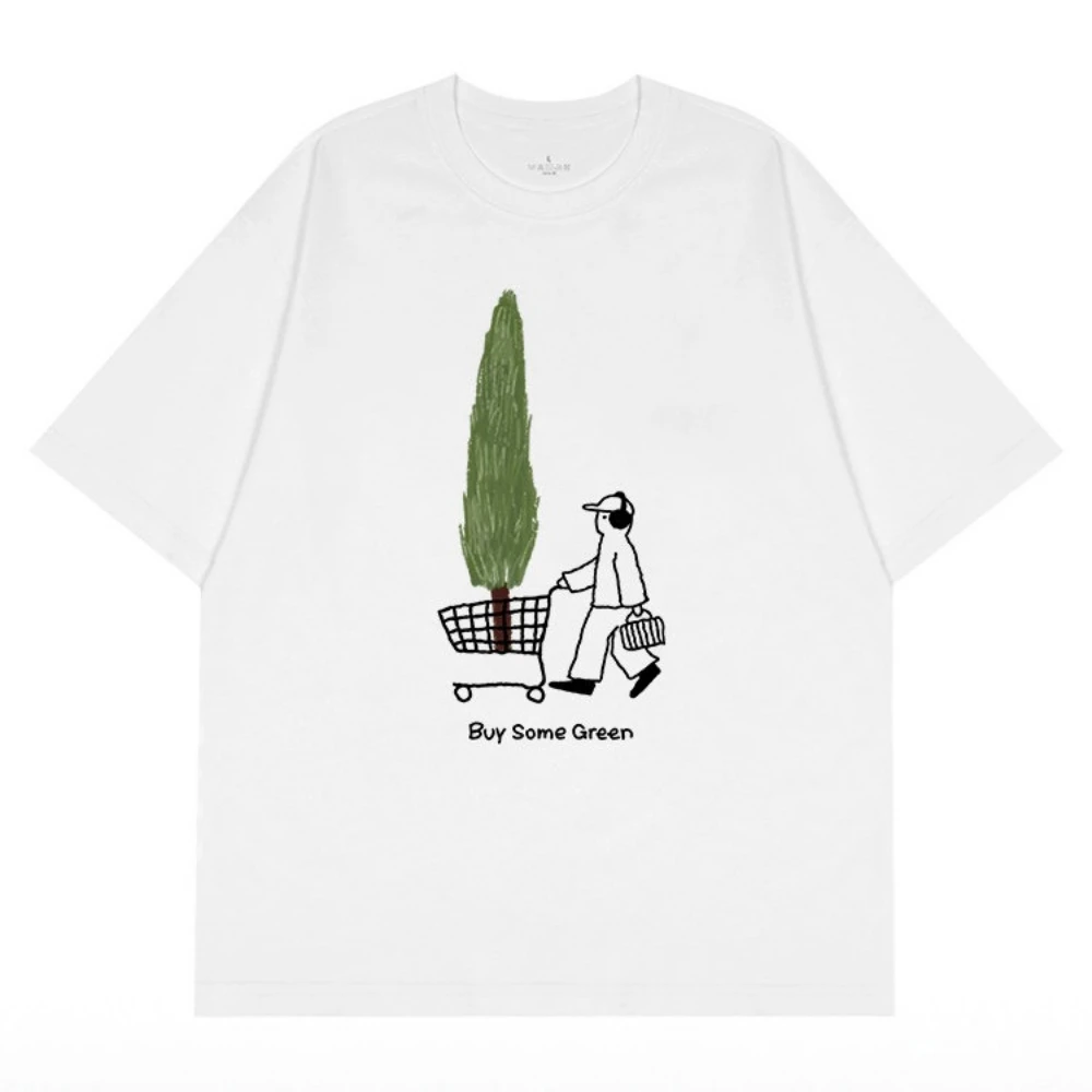 Buy Some Green Slogan T Shirt Summer Unisex Men Women Cute Shopping Tree Doodle Streetwear Matching Couple Tops