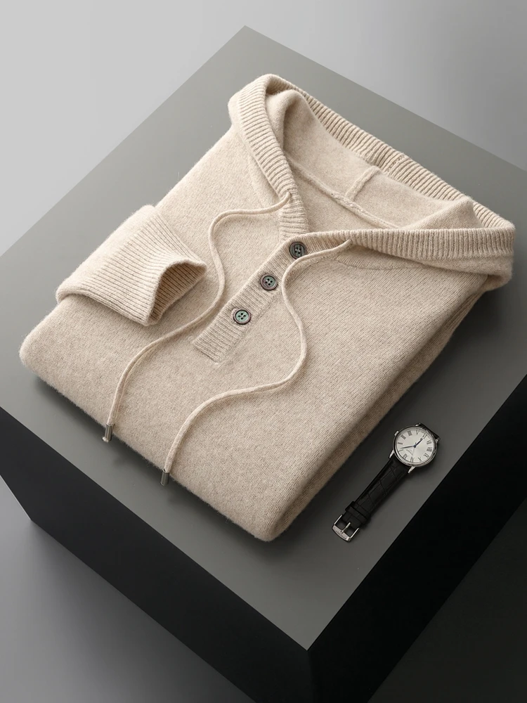 2025 New Chic Man Hooded Pullover Autumn Winter Basics 100% Merino Wool Sweater Sports Sweatshirt Button Drawstring Male Clothes