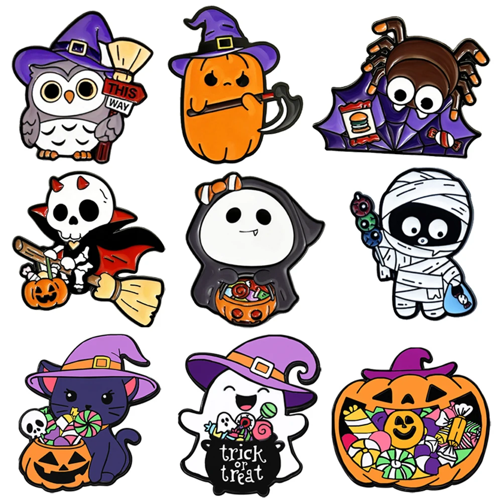Halloween Ghost Enamel Pins Horror Pumpkin Magic Owl Skull Vampire Purple Spider Mummy Lapel Badges Backpack Jewelry Gifts