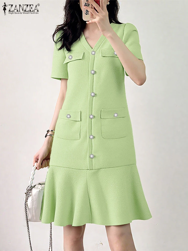 Elegancka sukienka na przyjęcie wizytowe 2025 ZANZEA Damska sukienka biurowa z dekoltem w serek Letnia sukienka do pracy dla kobiet OL Krótki rękaw Guziki Sukienka letnia
