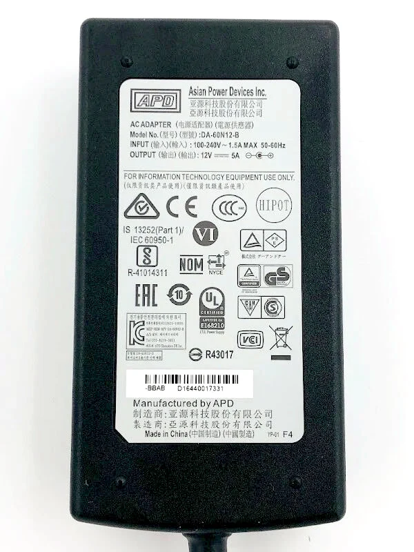 

Genuine APD DA-60N12 AC Power Adapter Charger 60W 12V 5A 5.5mm x 2.1mm Asian Power Devices DA-60M12