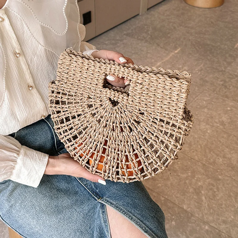 Straw Woven Basket For Women Rattan Handmade Storage Fashion Handbag Beach Travel Top Handle Shoulder Bag For Female