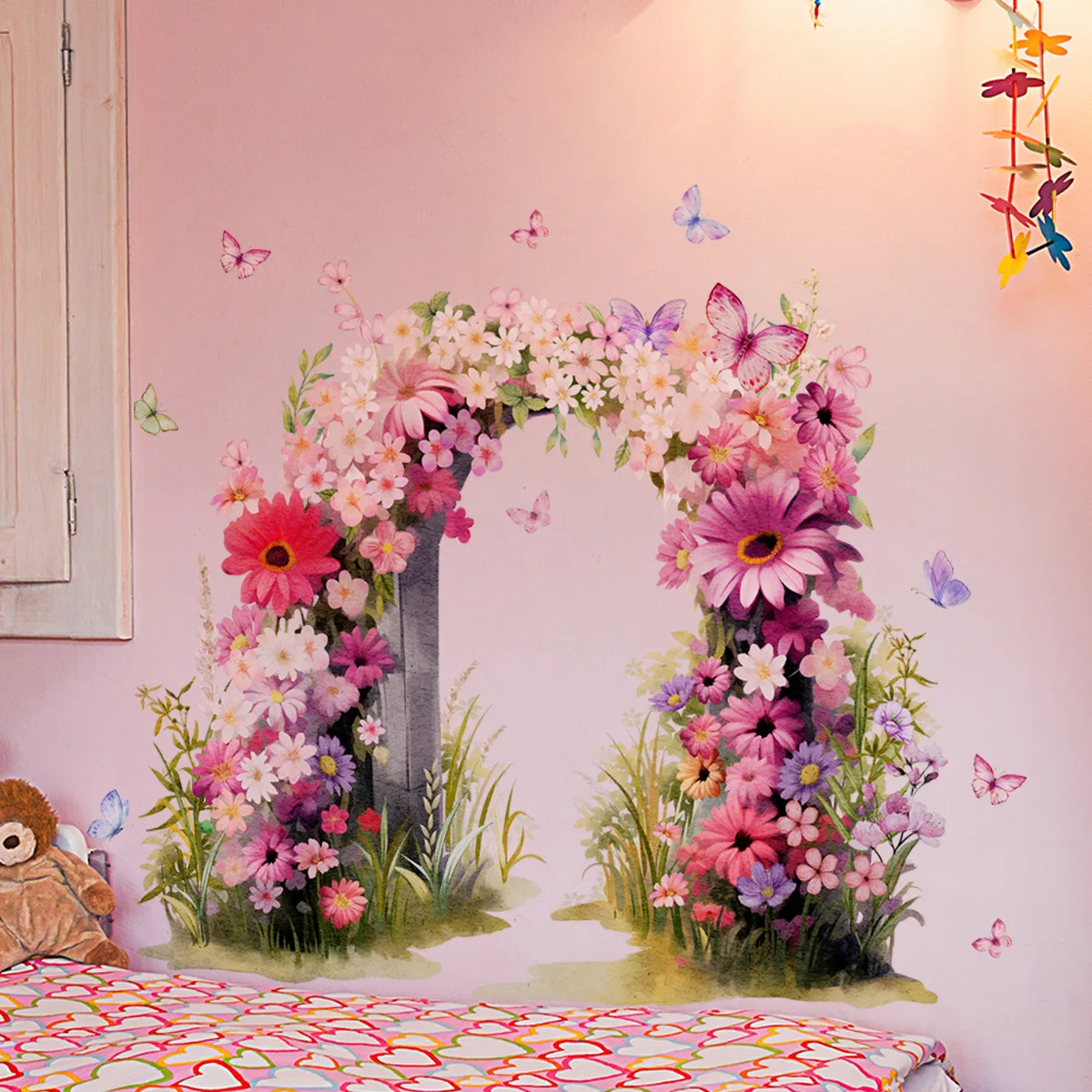 Adesivo de parede estético rosa flor borboleta arco-papel de parede autoadesivo removível para quarto sala de estar decoração floral de casa