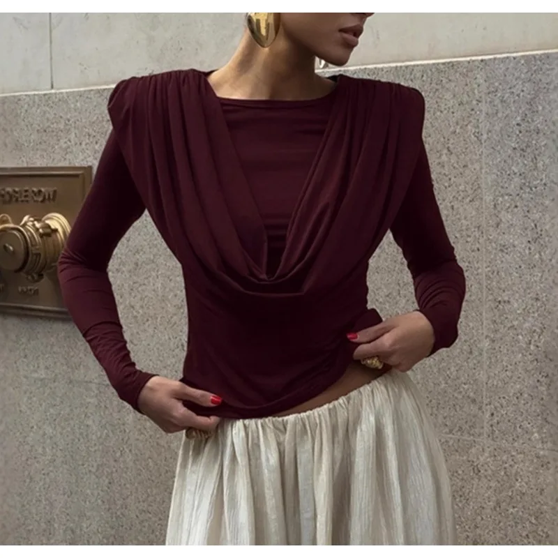 2025 Winter Elegante Top Met Lange Mouwen Damesmode Gebreide Dieptepunt T-shirt Temperament Nauwsluitende Dieptepunt Shirt