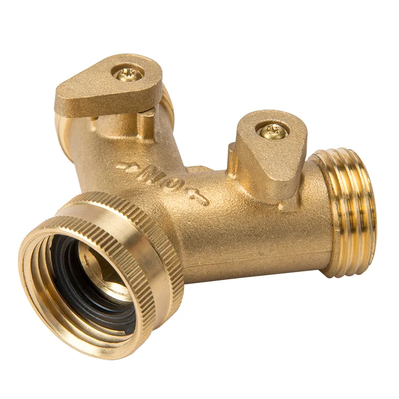 Brass 2 way Y Splitter Garden Hose Connector with Comfortable Grip Shut Off Valves, Adapter for Water Tap, Outlet, & Spigot