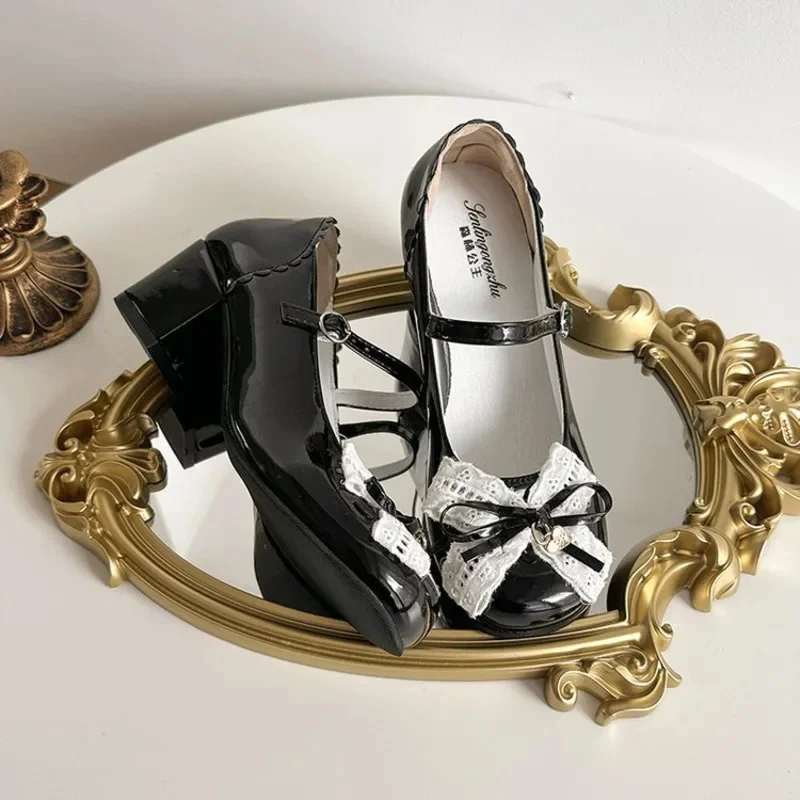 

Lolita Bowknot Ballet Shoes Little Leather Versatile Cute With Round Toe High Heels Little Leather JK Princess Mary Jane Shoes