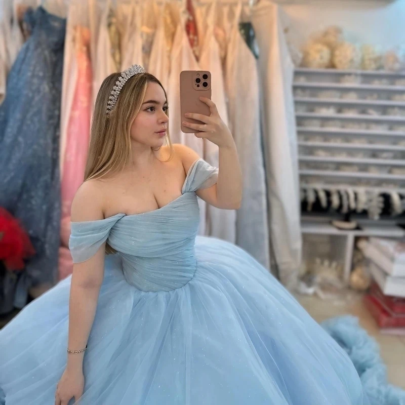 Sky Blue Shiny Off The Shoulder Quinceanera Dress Ball Gown Tiered Tull Corset Sweet 15 16 Vestido De 15 Anos