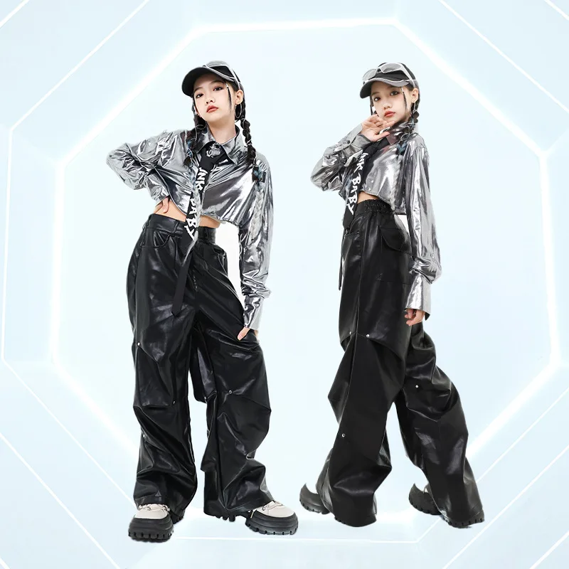 Kpop-Costume de danse jazz pour filles, ensemble de olympiques de performance pour enfants, haut à manches longues, pantalon long, poche trempée, vêtements d'entraînement argentés