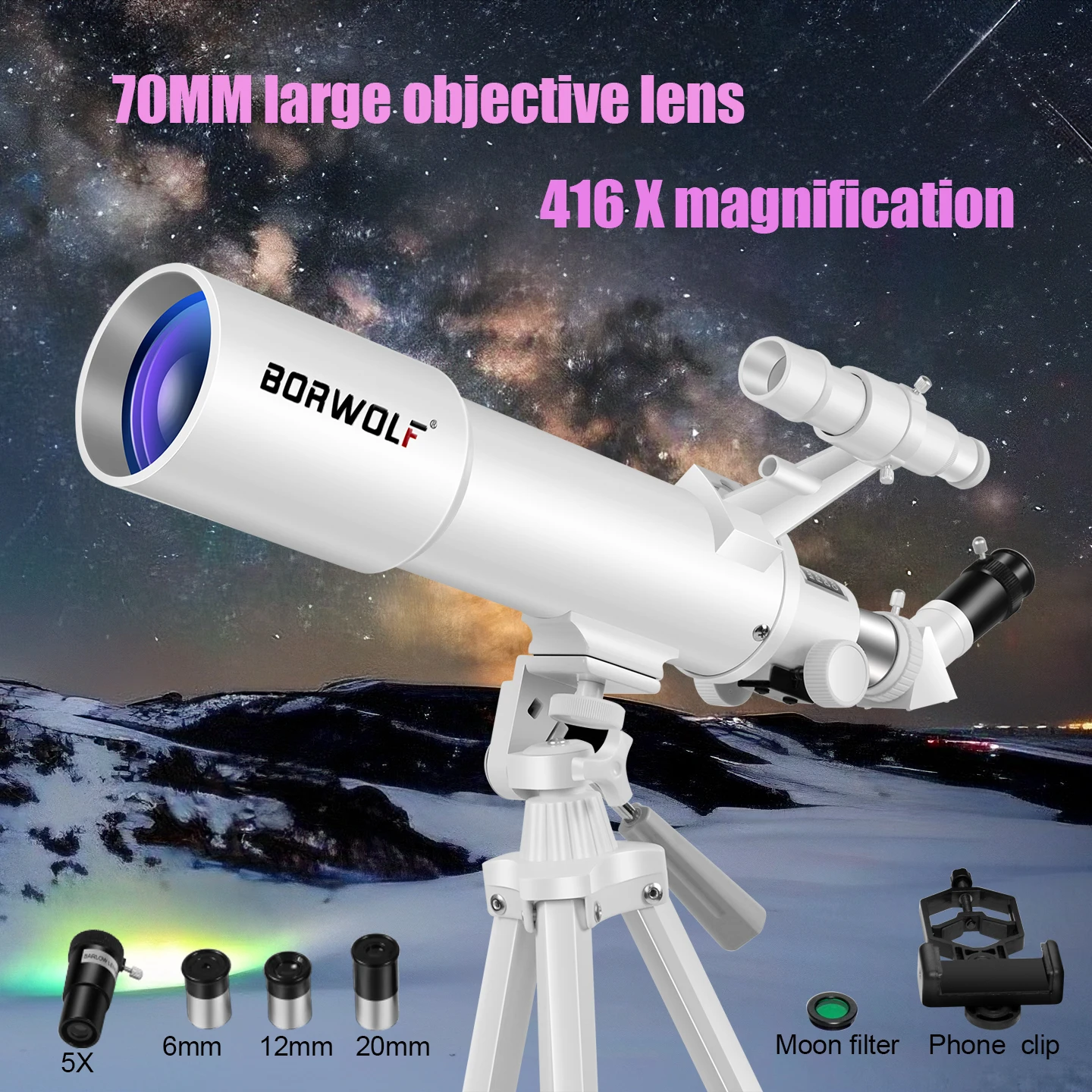 

BORWOLF AZ70500 Professional Astronomical Telescope 416X for Space Monocular 70MM Lens for Star and Moon,Birdwatching