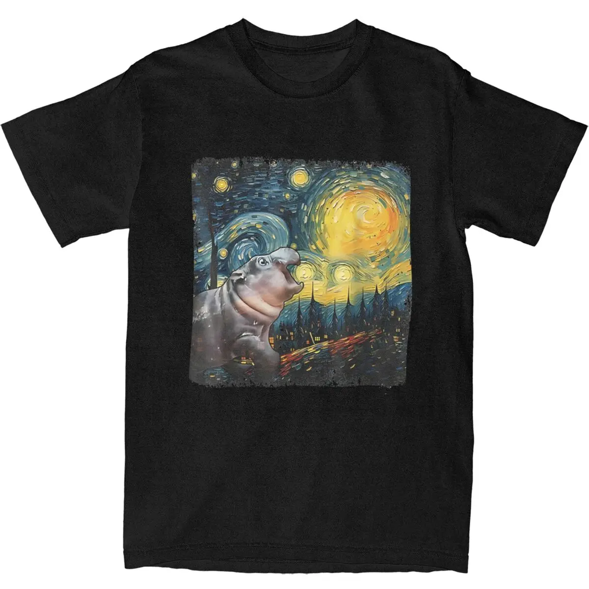 Funny Meme Moo Deng Starry Night Van Gogh T Shirt Male Cotton T Shirts Summer Comfortable Trendy Cool Tee Shirt Oversized Tops