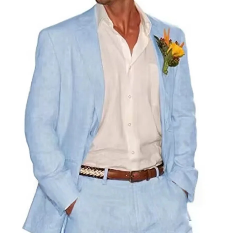 

Light Blue/Beige Linen Notch Lapel Slim Fit Summer Men Suits 2 Piece Groom Tuxedos Blazer Pants Sets Wedding Prom Costume Homme