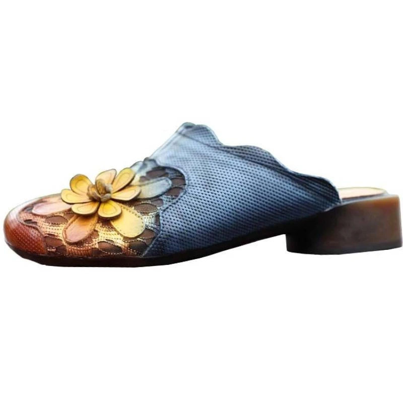 3cm Genuine Leather Flats Hollow Slip on Ethnic Authentic Elegance Summer Fashion Appliques Flower Women Slippers Designer Shoes