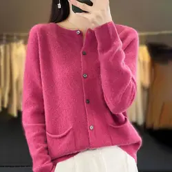 Women Clothing Solid Pocket Sweaters Autumn Winter Vintage Commute Loose Knitted Cardigan Soft Wool O-neck Tops