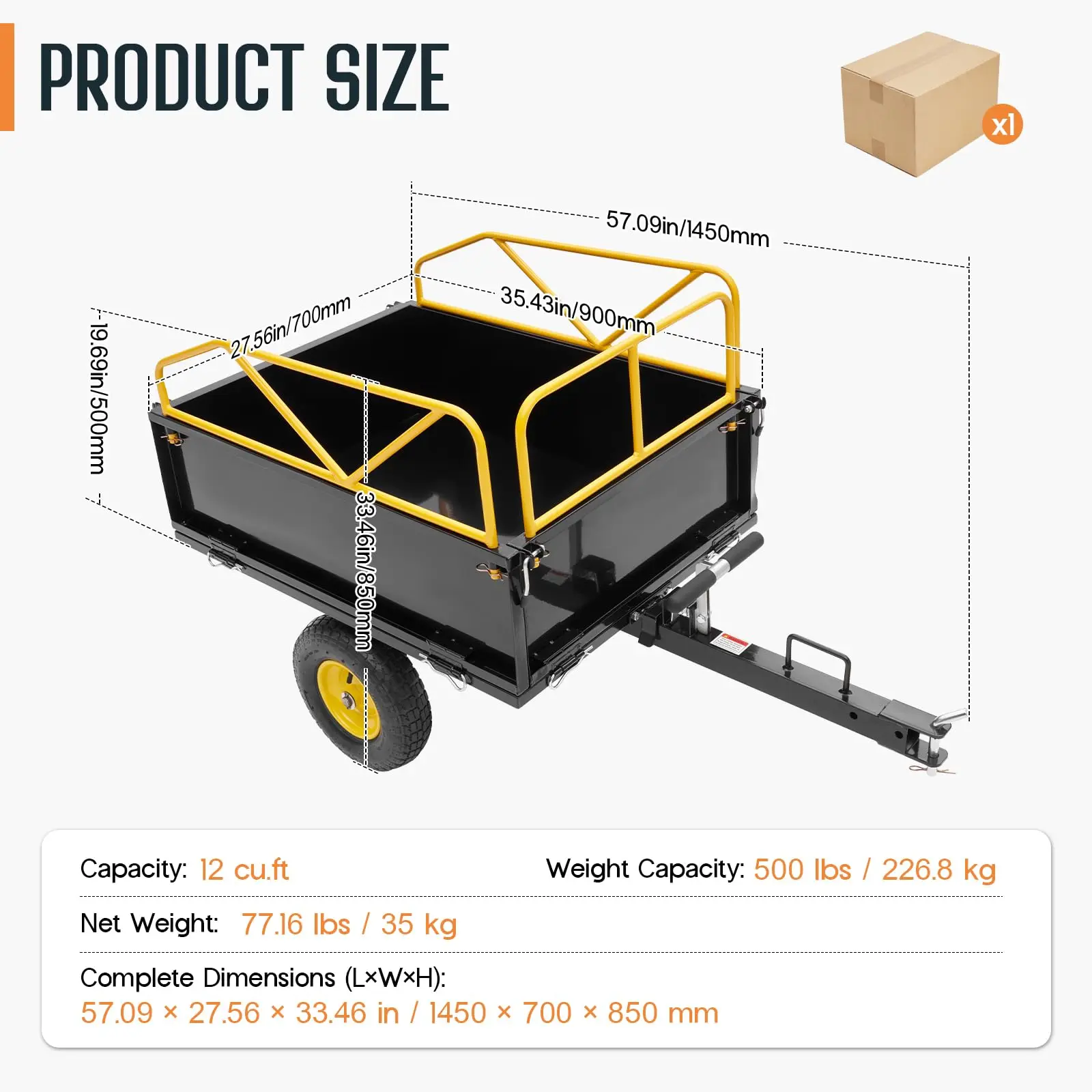 12 Cu.Ft Tow Behind Dump Cart, 500 Lbs ATV UTV Trailer