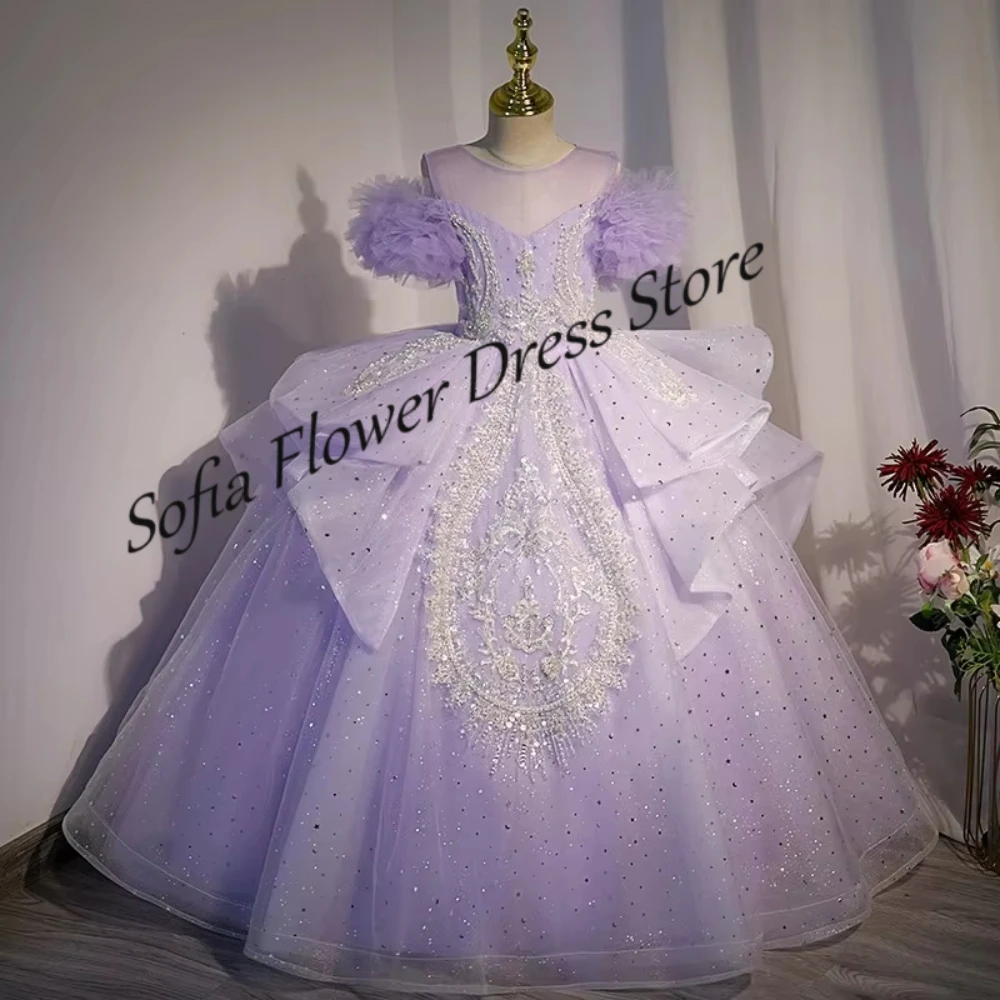 

Purple Shiny Tulle Customized Ball Gown Baby Lovely Flower Girl Dresses High End Appliques Princess Prom Birthday Party Gowns