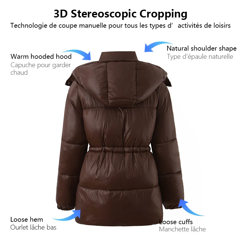 سترة نسائية مبطنة بغطاء للرأس وسحاب ورباط متوسط الطول للدفء أنيقة ومتعددة الاستخدامات مناسبة للتنقل اليومي