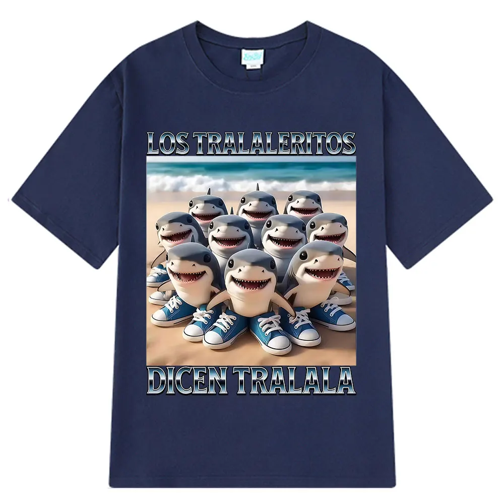 لوس Tralaleritos Dicen Tralala الإيطالية Brainrot ميمي تي شيرت Tralalero Tralala القرش مع أحذية الجرافيك القطن للجنسين تي شيرت غير رسمي #3