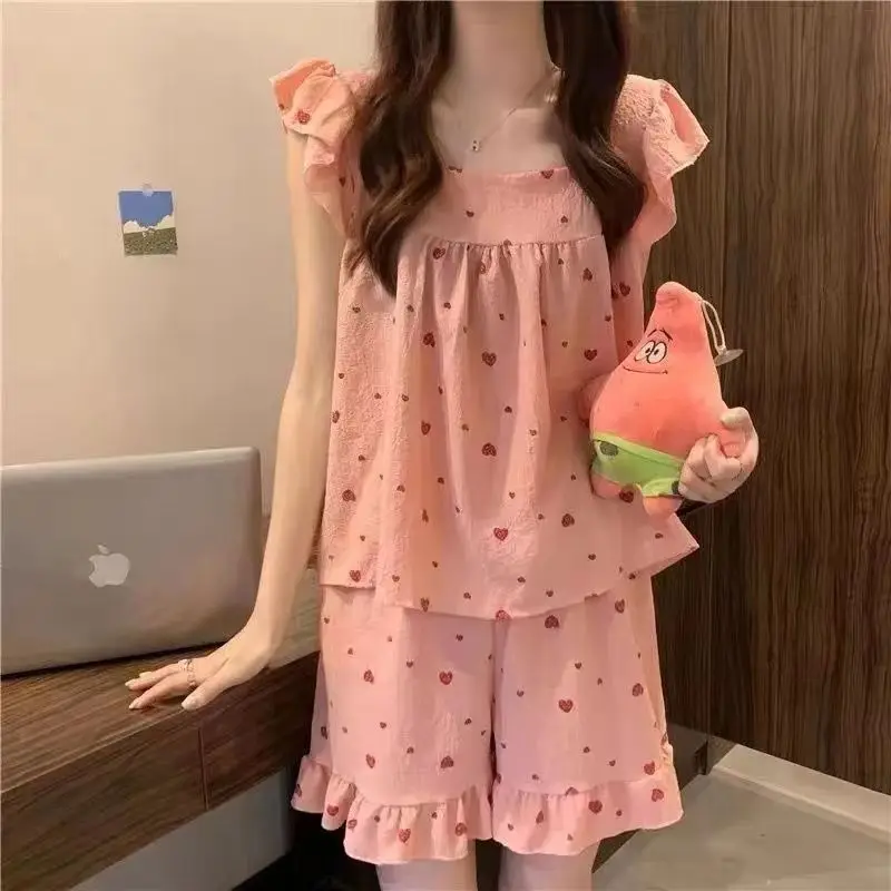 

Pajama Sets Women's Summer Cute Printed Vest Sling Set Home Clothing Two-piece Ladies New Pajamas Nightgown Sleeping Nightwear