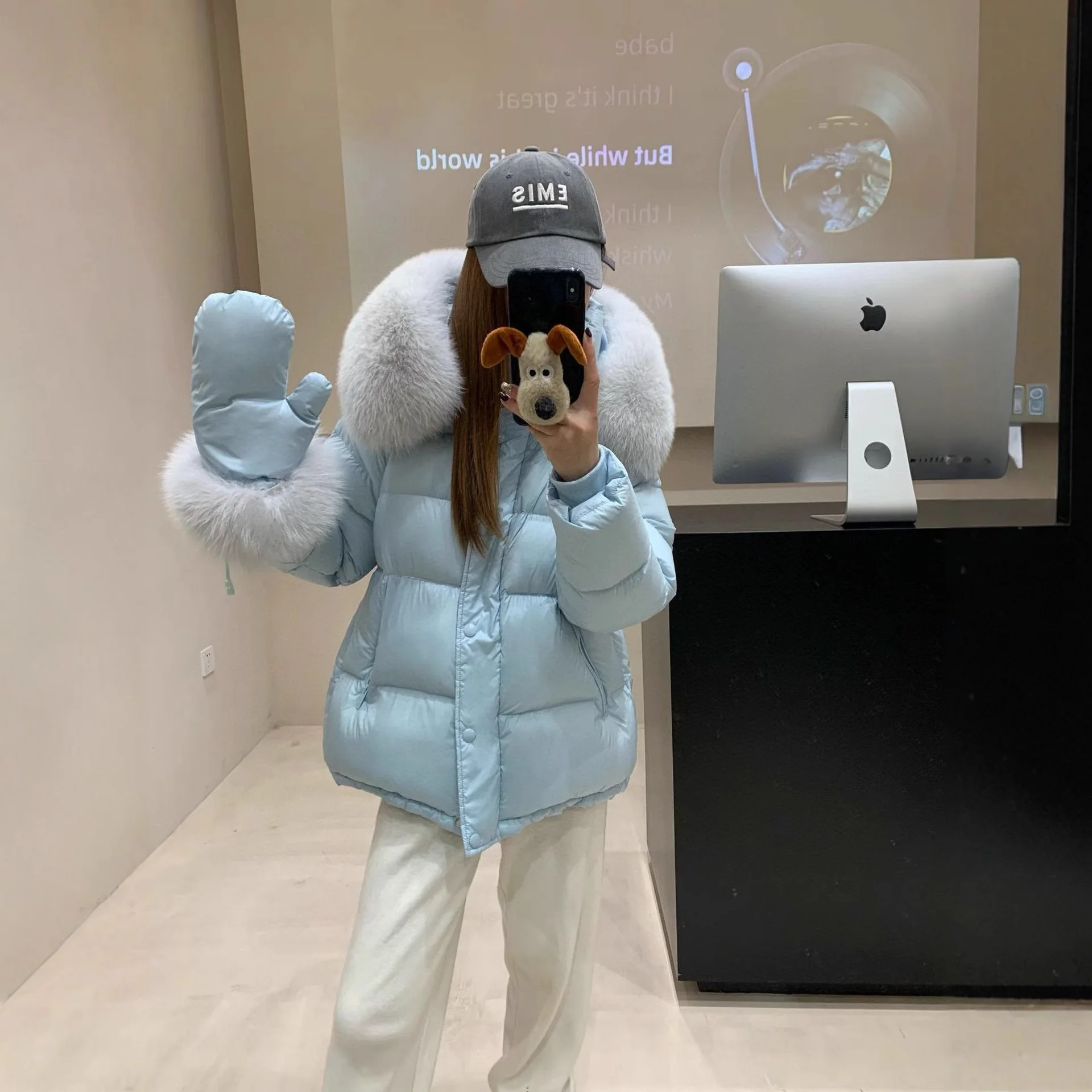 90 pato branco para baixo jaqueta feminina inverno nuvem puff jaqueta com luva grande gola de pele real com capuz engrossado calor para baixo pão casaco