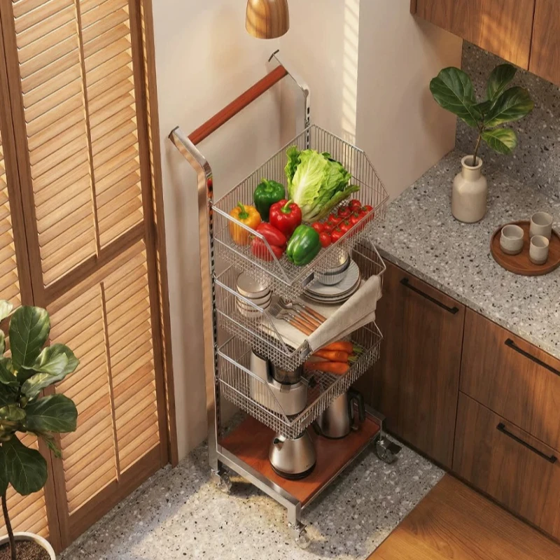 Multifunctional Kitchen Storage Cart, Vegetable Fruit Basket Rack, Multi Tier Pot Holder Stand, 360° Swivel Rolling Trolley