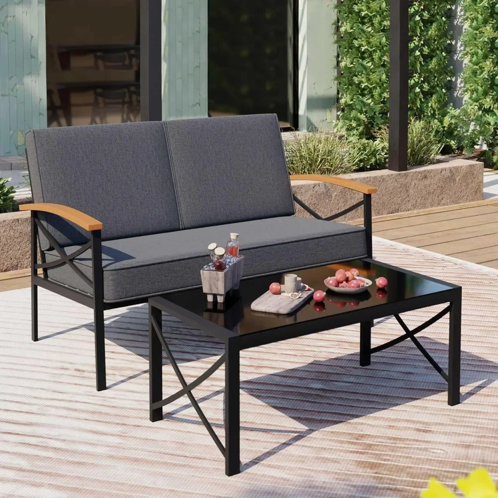 2 Piece Outdoor Metal Sofa Conversation Set , Including Loveseat and Coffee Table for Backyard, Patio, Balcony(Dark Grey)