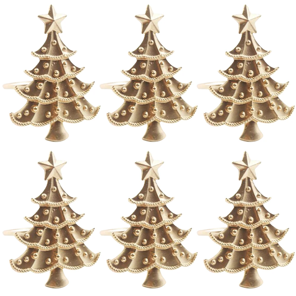 

6 Pcs Golden Napkin Rings Rings Christmas Tree Golden Metal Reusable Tableware Accessories Kitchen Bar Supplies