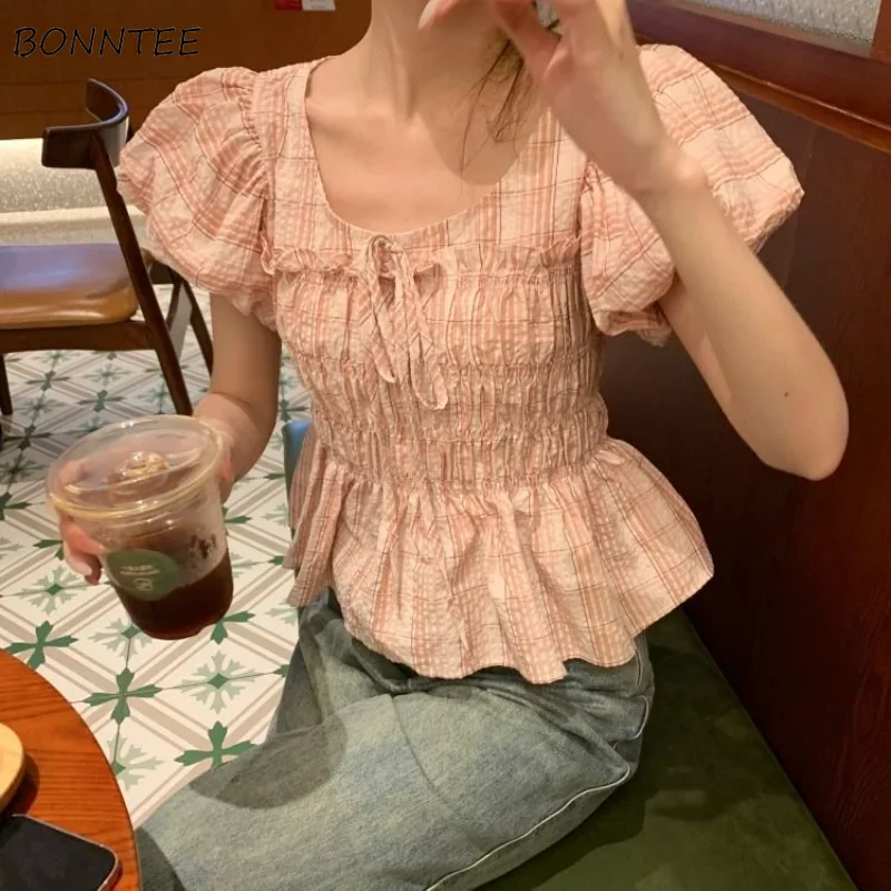 Blouses Women Plaid Lace-up Lovely All-match Charming Creativity Delicate Basics Popular Romantic Leisure Modern Vintage Cozy