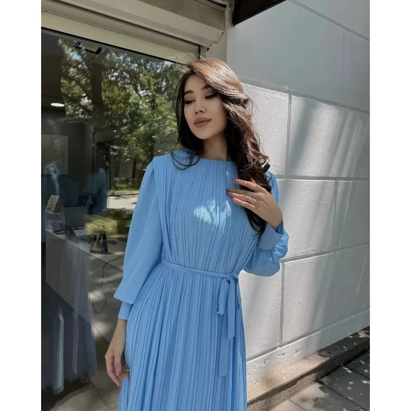 Eid Pleated Party Dress Muslim Women Abaya Solid Lace-up Morocco Sweet Caftan Robe Abayas Dubai Longue Vestidos Largos Ramadan