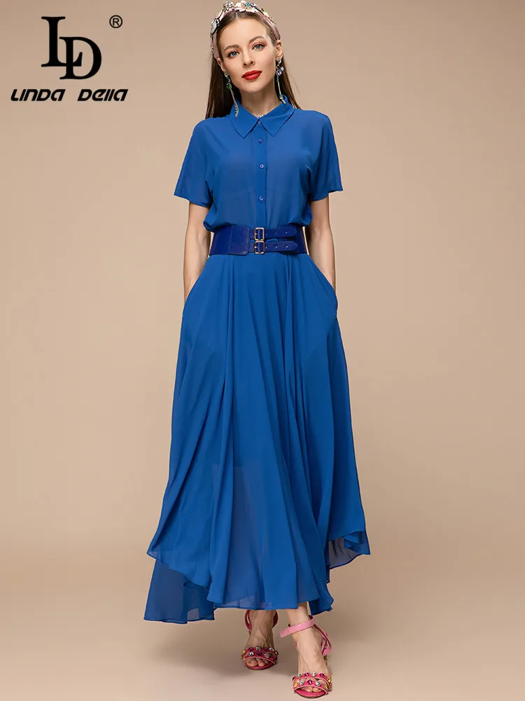 LD LINDA DELLA New 2023 Summer Fashion Women Blue Elegant Asymmetrical Long Dress Turn-down Collar Sashes Slim Pleated Dresses