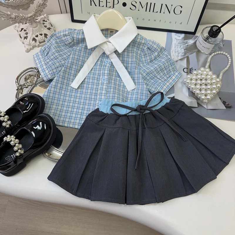 

2025Summer Girls' New College Style Set Baby Plaid Short Sleeve Top+Pleated Skirt Two-Piece Set