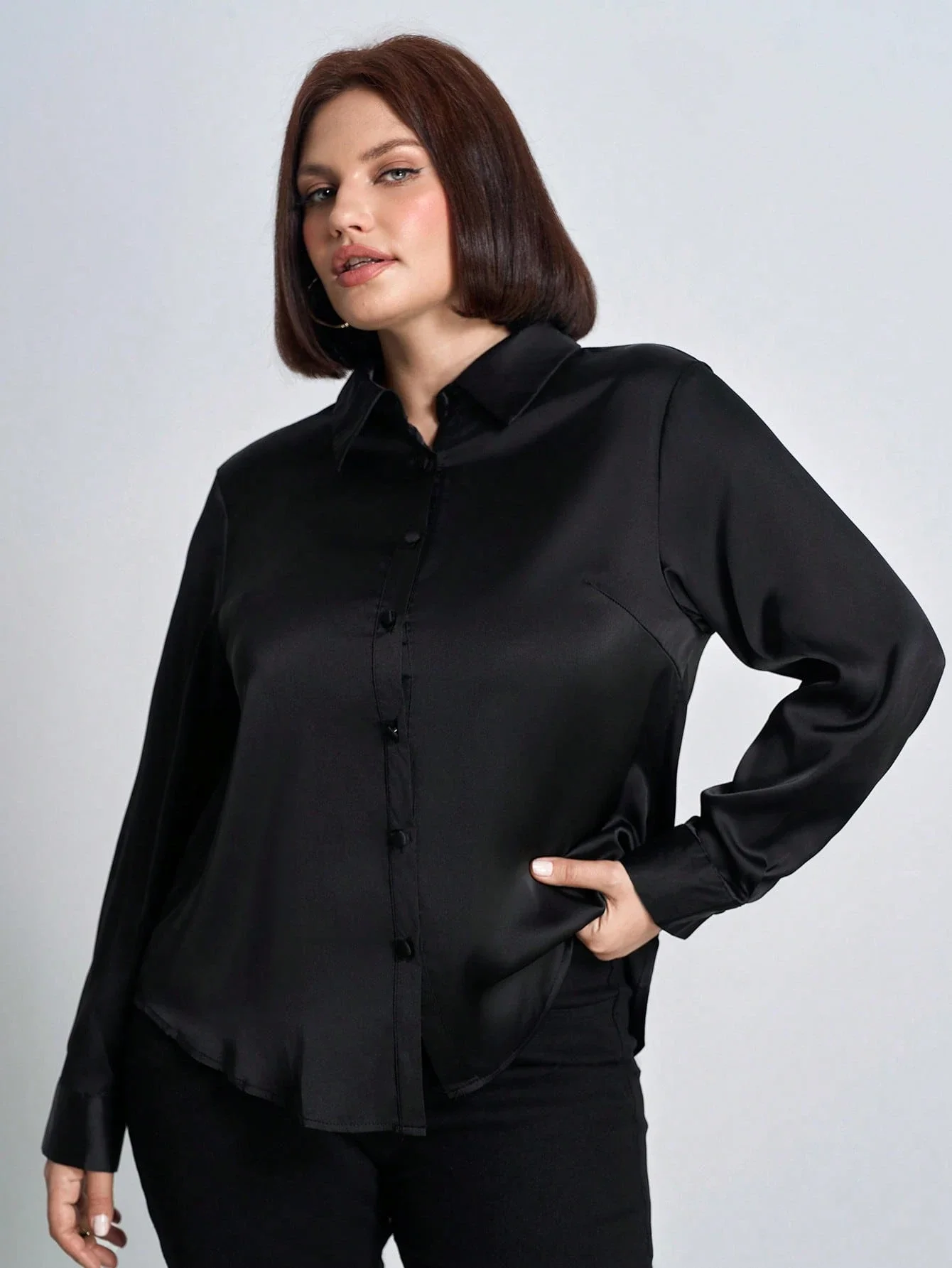 

Plus Size Satin Poplin Button-Up Shirt For Women Office Outfit