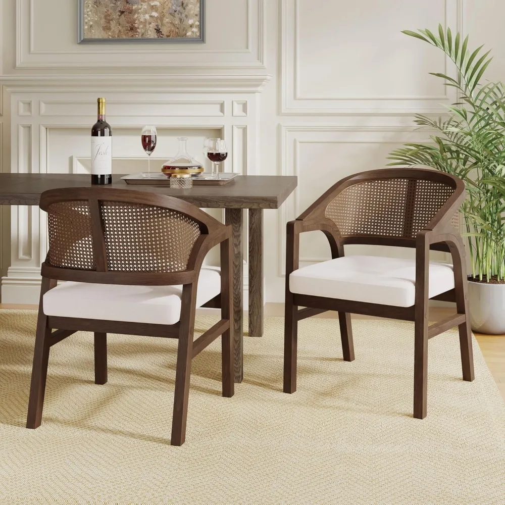

Two Upholstered Dining Chairs with Armrests, Vintage Rattan Backrests, Solid Wood Frames, Farmhouse Style Dining Chairs