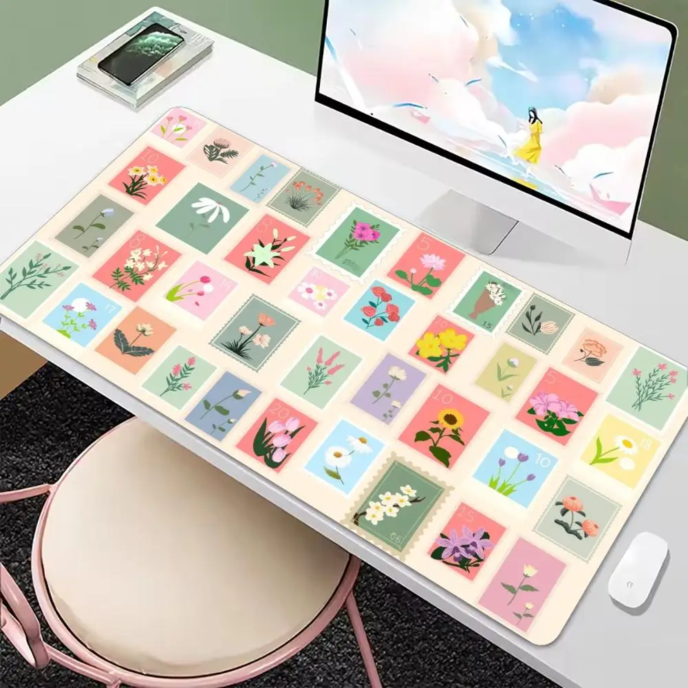 Cute Square Floral Sticker Collage Large Gaming Mouse Pad Non Slip Rubber Desk Mat For Laptop Keyboard Home Office Desktop